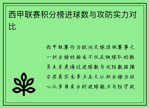 西甲联赛积分榜进球数与攻防实力对比