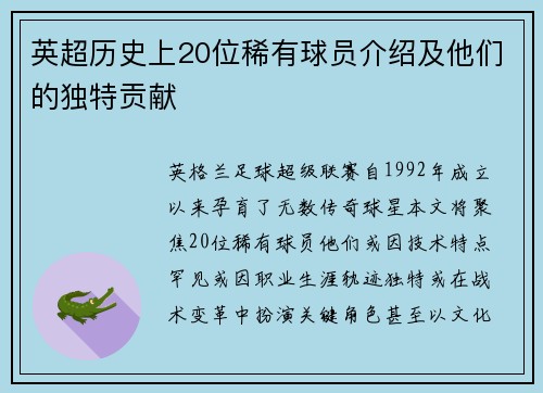 英超历史上20位稀有球员介绍及他们的独特贡献